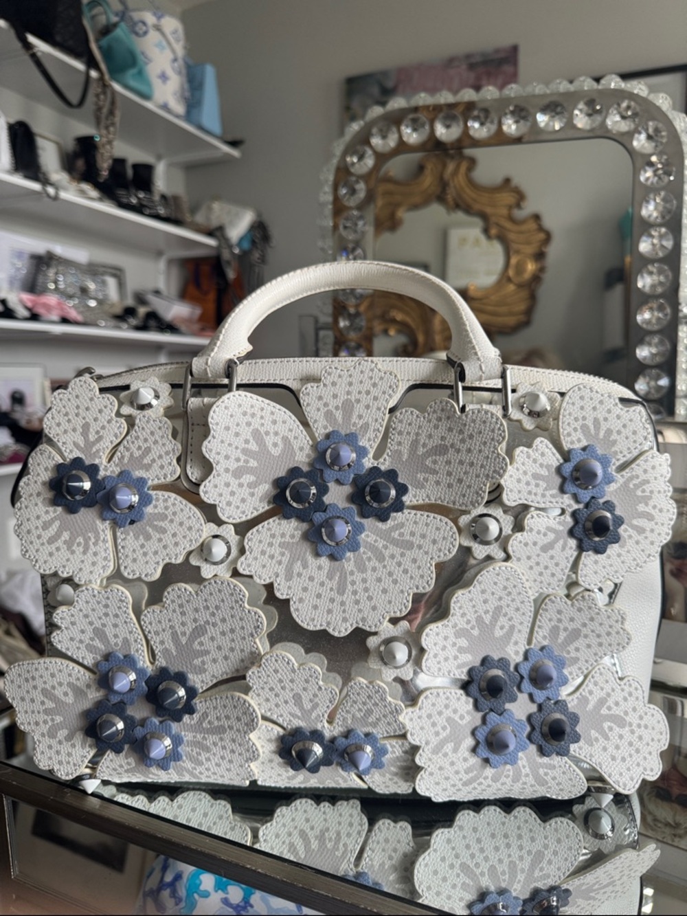henri bendel White Satchel with Blue Floral Appliqués